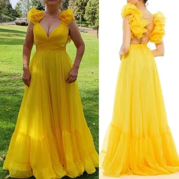 NWT Mac Duggal 67911 Yellow Ruffle Chiffon Cutout Maxi Dress size 0